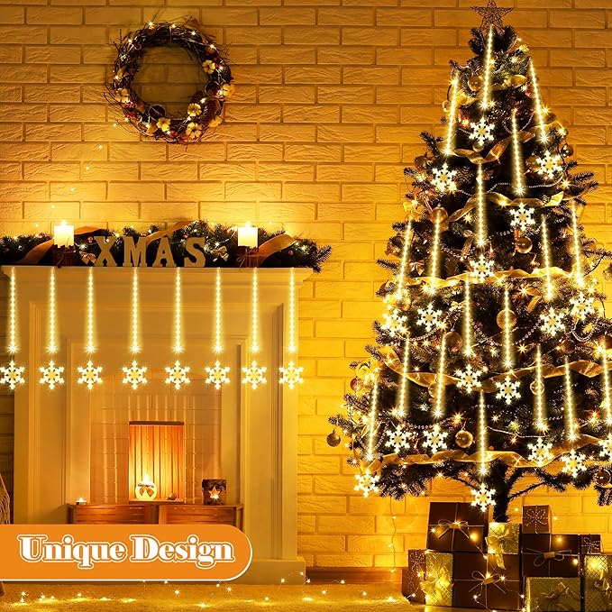 Enhon 2 Pack Meteor Shower Snowflake Lights Outdoor with Timer, Total 480 LED 12in 16 Tube Connectable Waterproof Meteor Rain Drop Christmas Light with Snowflake for Xmas Tree Roof Garden(Warm White)