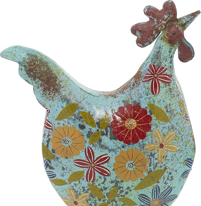 Deco 79 Metal Rooster Decorative Garden Sculpture Indoor Outdoor Distressed Standing Garden Statue with U Shaped Feet, Outdoor Sculpture 10" x 5" x 17", Green