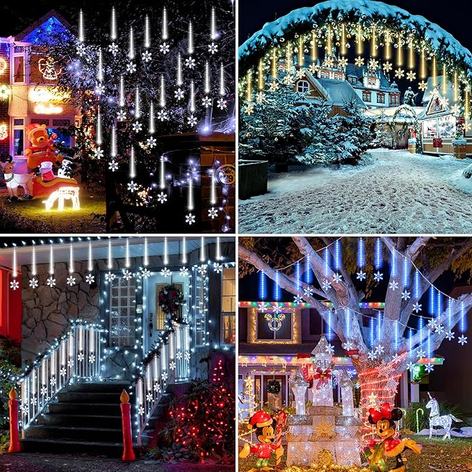 Enhon 2 Pack Meteor Shower Snowflake Lights Outdoor with Timer, Total 480 LED 12in 16 Tube Connectable Waterproof Meteor Rain Drop Christmas Light with Snowflake for Xmas Tree Roof Garden(Cool White)