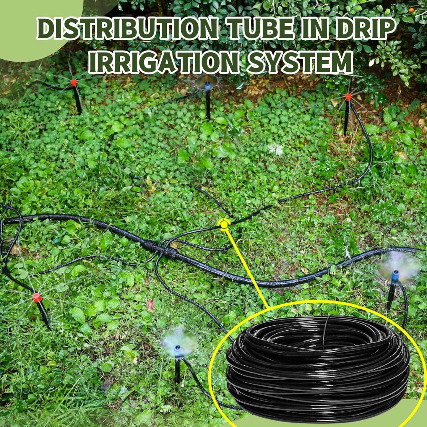 100FT 1/4 Inch Drip Irrigation kit Tubing Distribution Hose Tube for Garden Drip Irrigation System (Includes 2 Pack 6-Way Connector and 20pcs 1/4" Tee Splitters and End Plugs)
