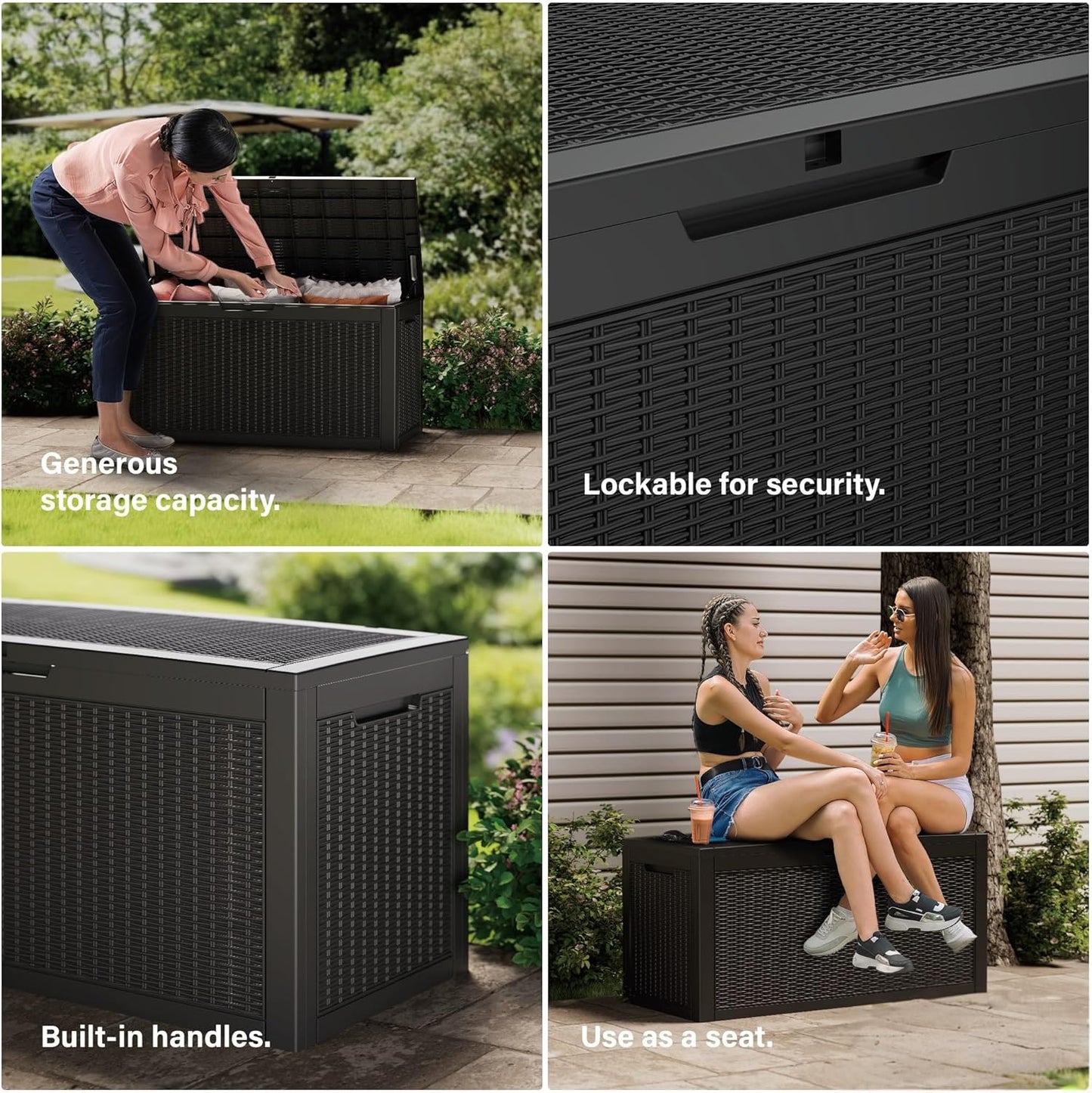 100GAL Black Wicker - Textured Outdoor Deck Box with Lockable – Waterproof, SGS - Verified UV Resistance, Stylish Storage for Patio Furniture & Outdoor Toys, Quick Assembly