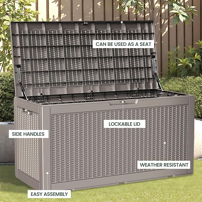 100 Gallon Storage Box, Waterproof Resin Deck Box with Hydraulic Piston Design, Lockable Storage Bench for Package Delivery, Storage Bin for Patio Cushions, Garden Tools, Grey