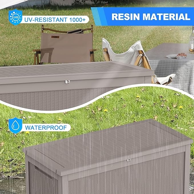 320 Gallon Lockable Resin Deck Box, Waterproof & UV-Resistant Outdoor Storage Box for Outdoor Cushion Storage, Garden Tools & Pool Accessories Storage, Gray