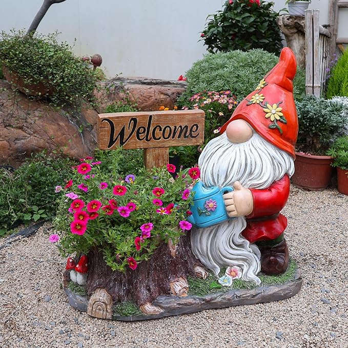 Garden Gnome Statues Large Planter - Outdoor Gnome Statues with Planter Pot Yard Welcome Decorations Outdoor Gnomes Planter Clearance Sculptures Decor for Lawn Ornament 25 inch, Red Hat