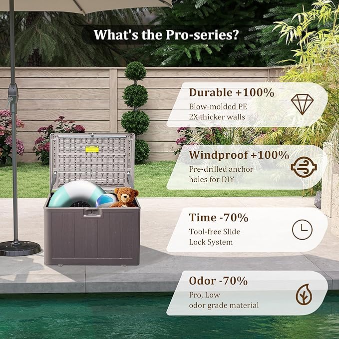 80 Gallon Pro Outdoor Storage Box Waterproof Lockable Resin Deck Box Large, Patio Storage Bin for Pool Accessories Cushion Furniture, Garden Tools, UV-Resistant Outside Delivery Brown