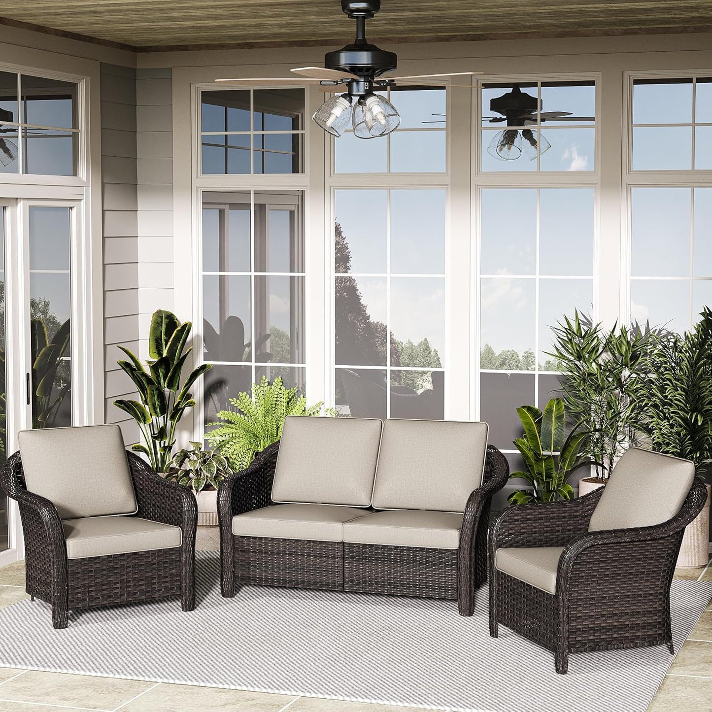 3 Pieces Outdoor Patio Conversation Set, 55" Couch, 2 Chairs, Rattan Wicker Conversation Furniture with Removable Cushions for Bistro, Deck (Beige)