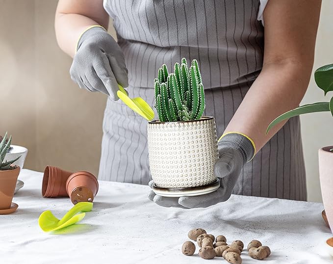 D'vine Dev 4 Inch Ceramic Beaded Stoneware Planter Pot - Flower Pot with Drainage Holes and Saucers for Indoor Succulent Plants or Flowers, Smoked White, 27-C-Z-1