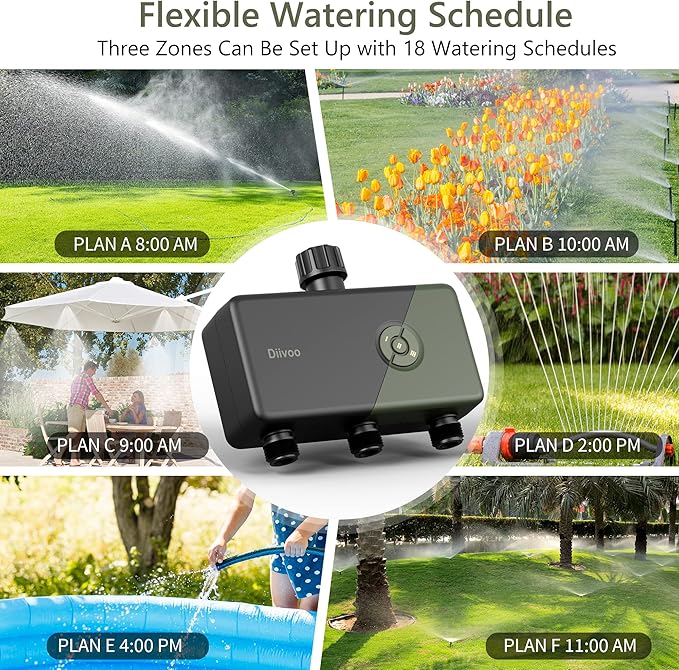 Diivoo Smart Water Timer 3 Zone, WiFi Sprinkler Hose Timer Compatible with Alexa and Google, Remote Control Irrigation Timer, Automatic Manual Watering, Rain Delay, for Garden, Lawns and Yards