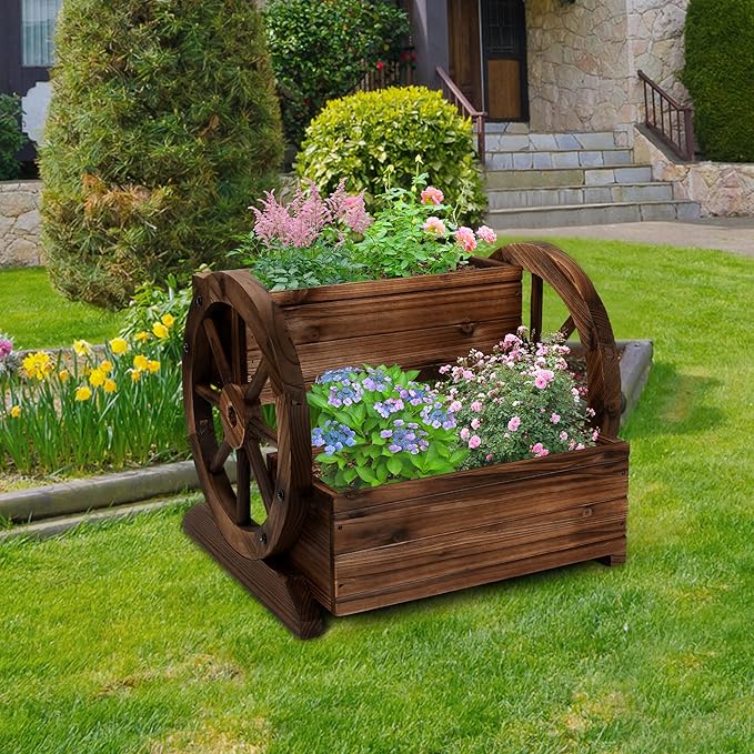2PCS Wooden Wagon Planter Box, Garden Planter with Wheels,Decorative Flower Planter for Flowers Herbs Vegetables for Indoor & Outdoor Decor,Wooden Flower Cart for Patio Garden Balcony