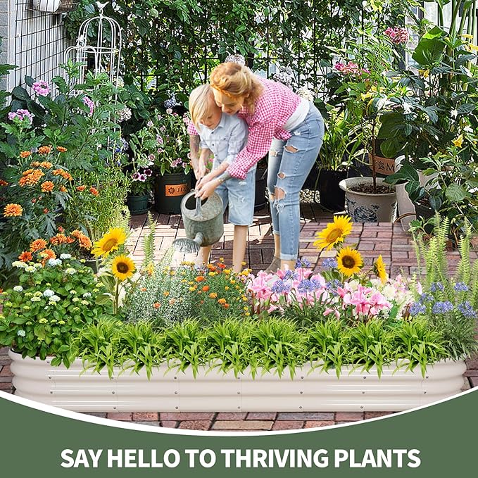 1MORE Galvanized Raised Garden Bed- Planter Garden Boxes Outdoor, Raised Beds for Gardening, 8x2x1ft Metal Garden Bed Kit for Vegetables Flower, Planter Raised Beds with Protective Tape & Tools.White