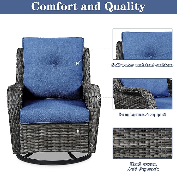 5 Pieces Patio Furniture Sets Wicker Outdoor Furniture, Rattan Patio Swivel Glider Chairs with 2 Ottoman and Glass Side Table