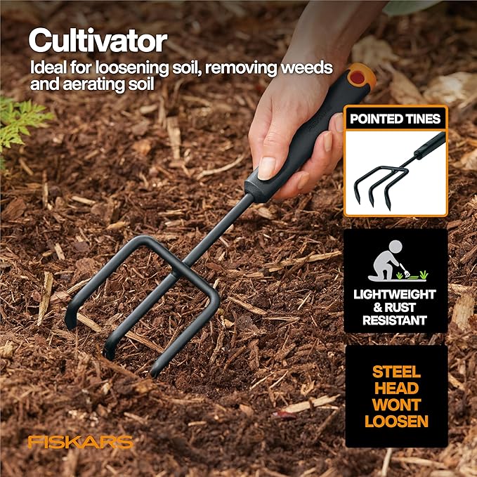 Fiskars Vegetable Garden Tool Set with Vegetable Shears, Seed Sower, Trowel, Cultivator, Weeder, and L/XL Garden Gloves for Indoor or Outdoor Gardening (6 Piece Kit), Gardening Gifts for Women