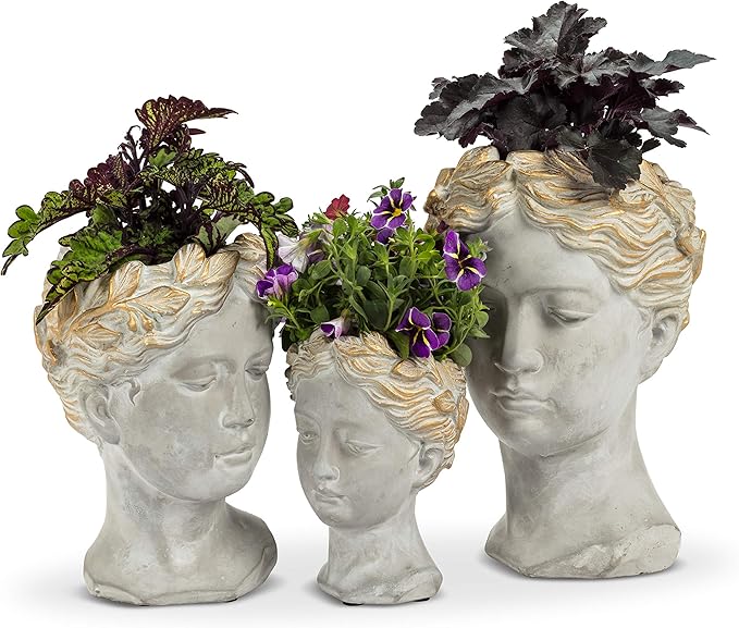 Abbott Collection Aphrodite Head Planter – Medium Indoor and Outdoor Planter Pots - Whimsical Woman Statue Head Planter for Flowers and Succulents (8.5 inch, Grey/Gold)