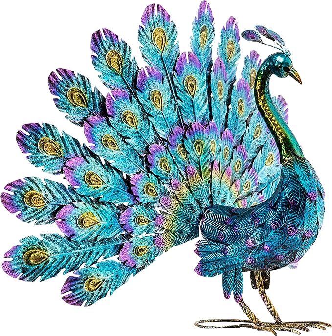Alpine Corporation - 23" Tall Outdoor Metallic Peacock Tail Spread Yard Statue – Vibrant Garden Sculpture for Patio, Lawn, or Entryway (Multicolor)