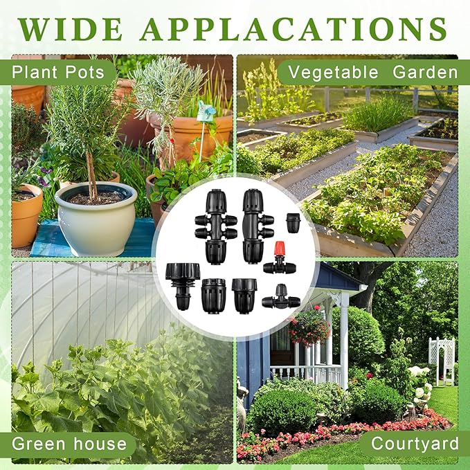 36 Pcs 1/2" to 1/4" Drip Irrigation Fittings Kit Barbed Tee Connector 2 4 6 Way Locked Tee Easy Connector Tubing End Plug Misting Nozzle Irrigation Hose Adapter for Lawn Plant System