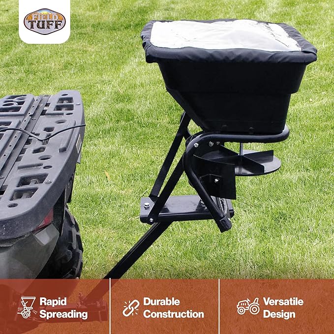 Field Tuff 12V 80 Pound Capacity Grass Seed Fertilizer Spreader with Hitch Mount Receiver and Rain Protector for ATV, UTV, or Utility Tractor