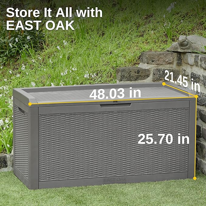 EAST OAK Outdoor Storage Box, 100 Gallon Deck Box, Waterproof Resin Storage Bench for Patio Cushions, Gardening Tools, Pool Accessories, Lockable, UV Resistant, Grey