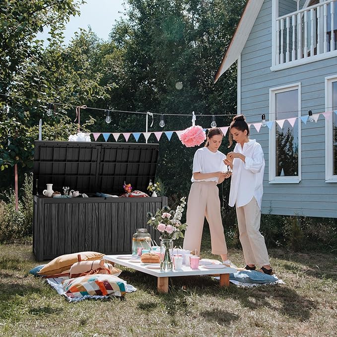 180 Gallon Deck Box,Resin Outdoor Storage Box with Lockable for Patio Furniture, Pool Accessories, Garden Tools Waterproof Outside Storage Box, Black