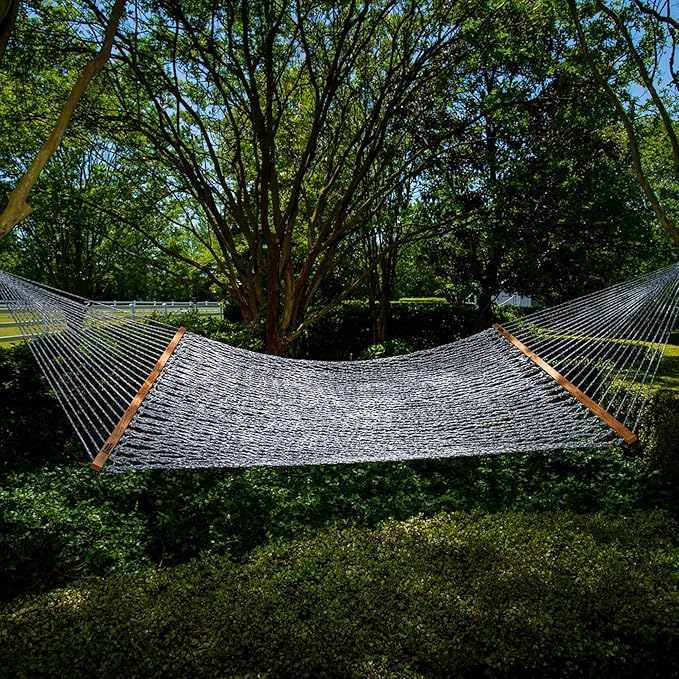Hatteras Hammocks Deluxe Navy Oatmeal Heirloom Tweed Duracord Rope Hammock with Free Extension Chains & Tree Hooks, Handcrafted in The USA, 450 LB Weight Capacity, 13 ft. x 60 in