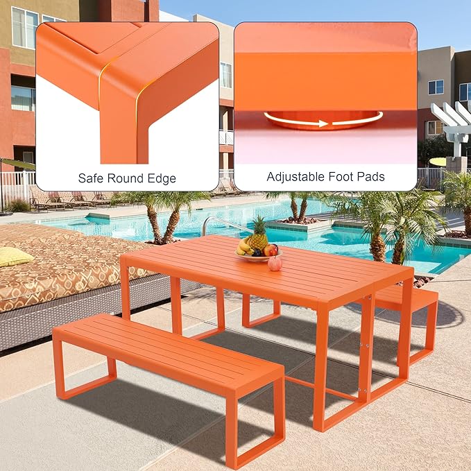 Aoodor 3-Piece Outdoor Patio Dining Set, Aluminum Furniture Set with 1 Rectangular Picnic Table and 2 Benches for Garden, Lawn, Yard