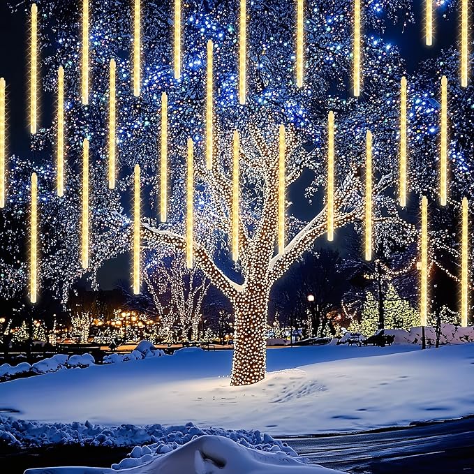 Dazzle Bright 864 LED Christmas Light, Meteor Shower Rain Lights 11.8 Inch 24 Tubes, Waterproof Plug in Falling Rain Lights Decorations for Xmas Tree Yard Party (Warm White)