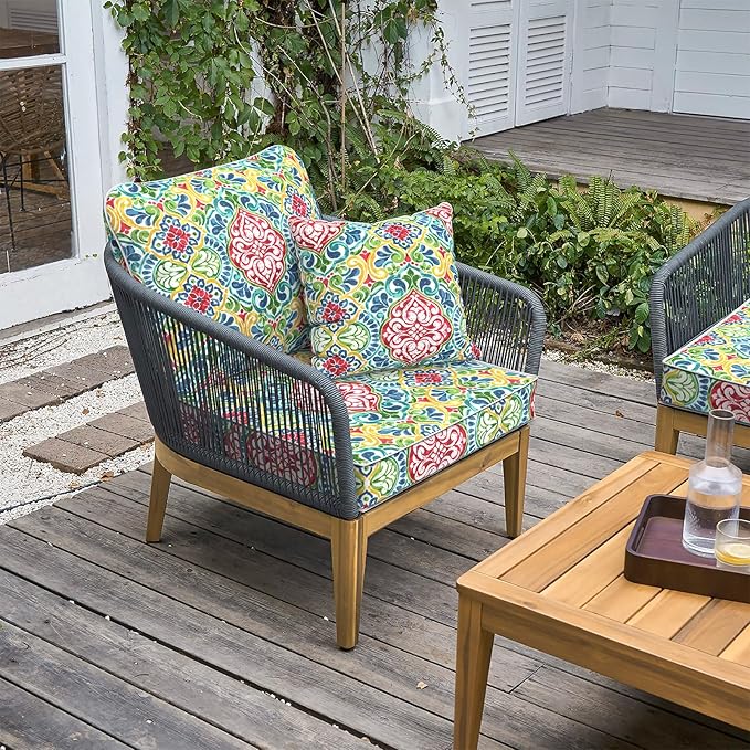 LVTXIII Outdoor Deep Seat Cushion Patio Seat and Back Cushion Set Seasonal Chair Cushion for Dining Arm Chairs, Wicker Chairs and Garden Furniture Decoration, 24"x24"x4", Damask Red