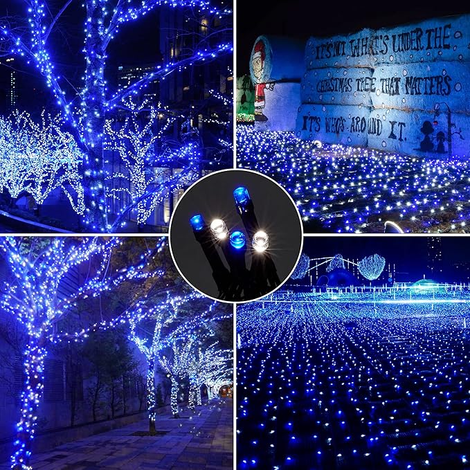 164ft 500 LED Blue White Christmas Lights Outdoor,8 Modes String Light Indoor Bedroom,Clear Wire Twinkle Lights Plug in for Christmas Outside Tree Yard Wedding Decorations(164FT,Blue&White)