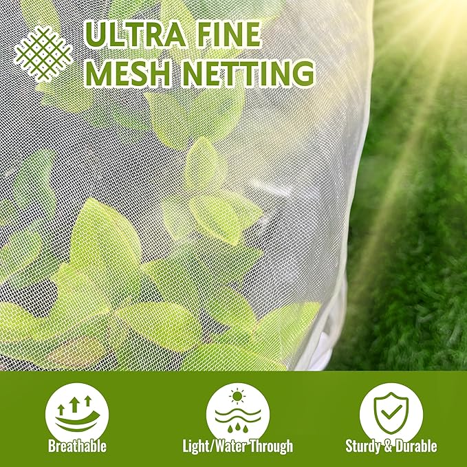 2 Pack Fruit Tree Netting Bags with Zipper and Drawstring, Ultra Fine Mesh Garden Netting Plant Cover, Bird Netting for Blueberry Bushes, Fruit Vegetable Trees, Flowers (White, 10 x 10 ft)