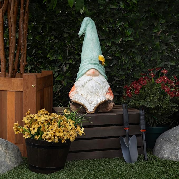 Alpine Corporation MCC844 Indoor/Outdoor Gnome Reading a Book Garden Statue, Charming Gnome Statue with Hat, 20" H, Turquoise