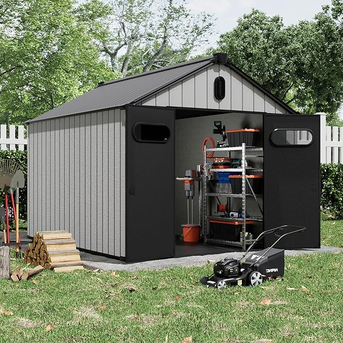 Aoxun 10X8FT Outdoor Shed with Floor, Resin Storage Shed with Lockable Door, Garden Utility Tool Shed Storage House for Backyard, Patio, Lawn