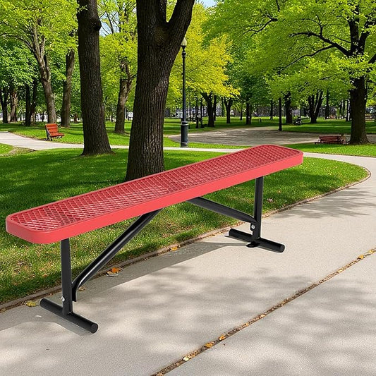 48" L Outdoor Steel Flat Bench, Heavy Duty Metal Park Bench for Outside, Expanded Metal, Commercial Benches Mesh Bench for Shopping Mall, Store, Lawn, Park, Patio, Deck, Garden (Red, 6FT)