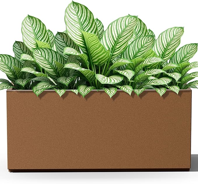 FENCY Large Metal Planter, Large Rectangular Planters for Outdoor Plants, Tall Outdoor Planters for Porch Patio, 38" L x 15" W x 16.3" H Brown Metal Planter with Drainage Hole
