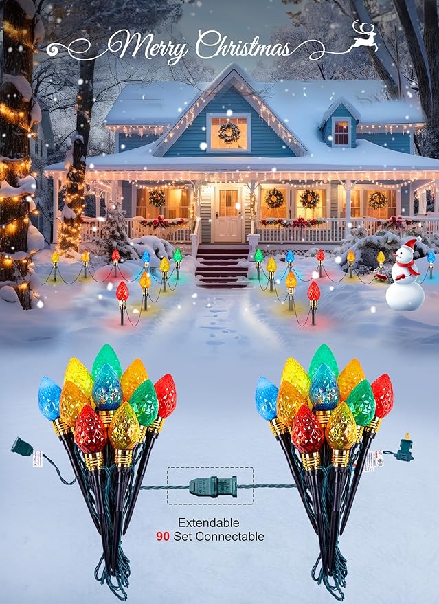 2 Pack Strawberry C9 Christmas Pathway Lights Outdoor - Total 34.8 Feet 20 LED Christmas Walkway Lights, Colored Bulb Christmas Lights Outdoor Decorations for Yard Lawn Holiday Outside, Multicolor