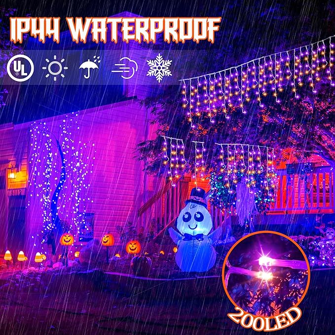 Halloween Icicle Lights with Spook Music Motion Sensing Function - 340LED 29Ft Purple Orange Curtain String Lights - Plug in Lighting for Outdoor Garden Window House Bedroom Halloween Decorations