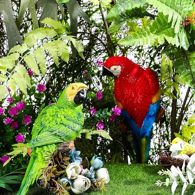 2 Pieces Parrot Decor Outdoor Tiki Bar Decorations Large Realistic Parrot Statues for Outside Lifelike Bird Sculptures Garden Patio Yard Lawn Figurines for Tropical Animal Tree Wall (Green, Red)