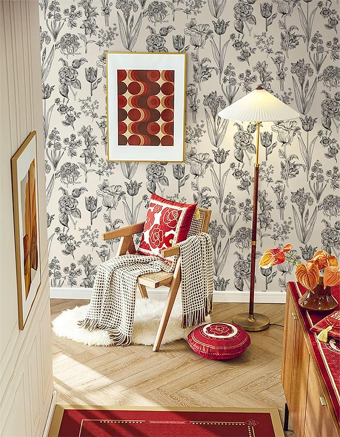 Dimoon 236"x17.3" Floral Peel and Stick Wallpaper Beige Contact Paper Waterproof Wallpaper Delicate Vintage Flower Thicken Plant Self Adhesive Removable Wall Covering Shelf Liner Decal Vinyl Roll