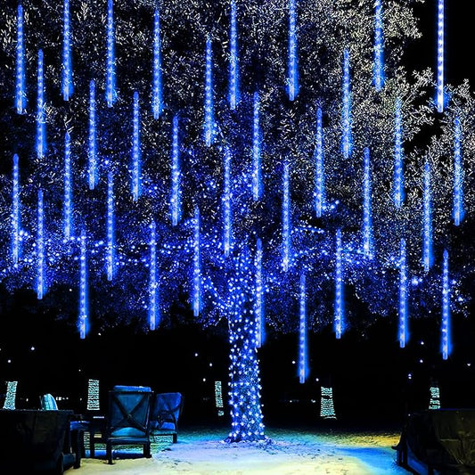 Dazzle Bright 864LED Christmas Light, Meteor Shower Rain Lights 11.8 Inch 24 Tubes, Waterproof Plug in Falling Rain Lights Christmas Decorations for Xmas Bushes Tree Yard Party (Blue)