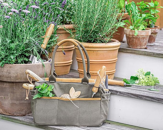 6 Piece Stainless Steel Heavy Duty Garden Tools Set, with Ash Wood Handle and Non-Slip Rubber Grip Pruner, Premium Canvas and Leather Storage Tote Bag, Outdoor Hand Tools, Garden Gift