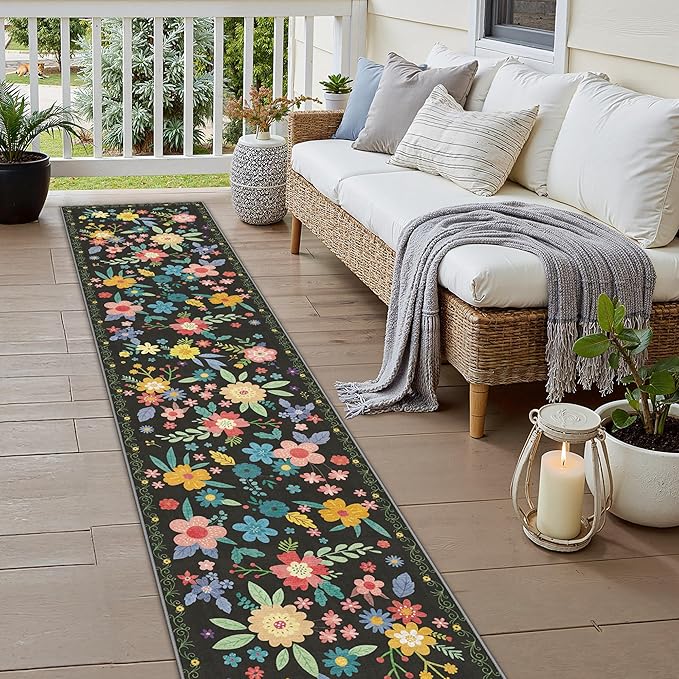 GENIMO Indoor Outdoor Area Rug 2' X 10' Waterproof, Washable Runner Rug Non Shedding, Easy Cleaning Floral Outdoor Carpet for Patio, Living Room, Bedroom, Entryway, Porch, Dining Room, Black