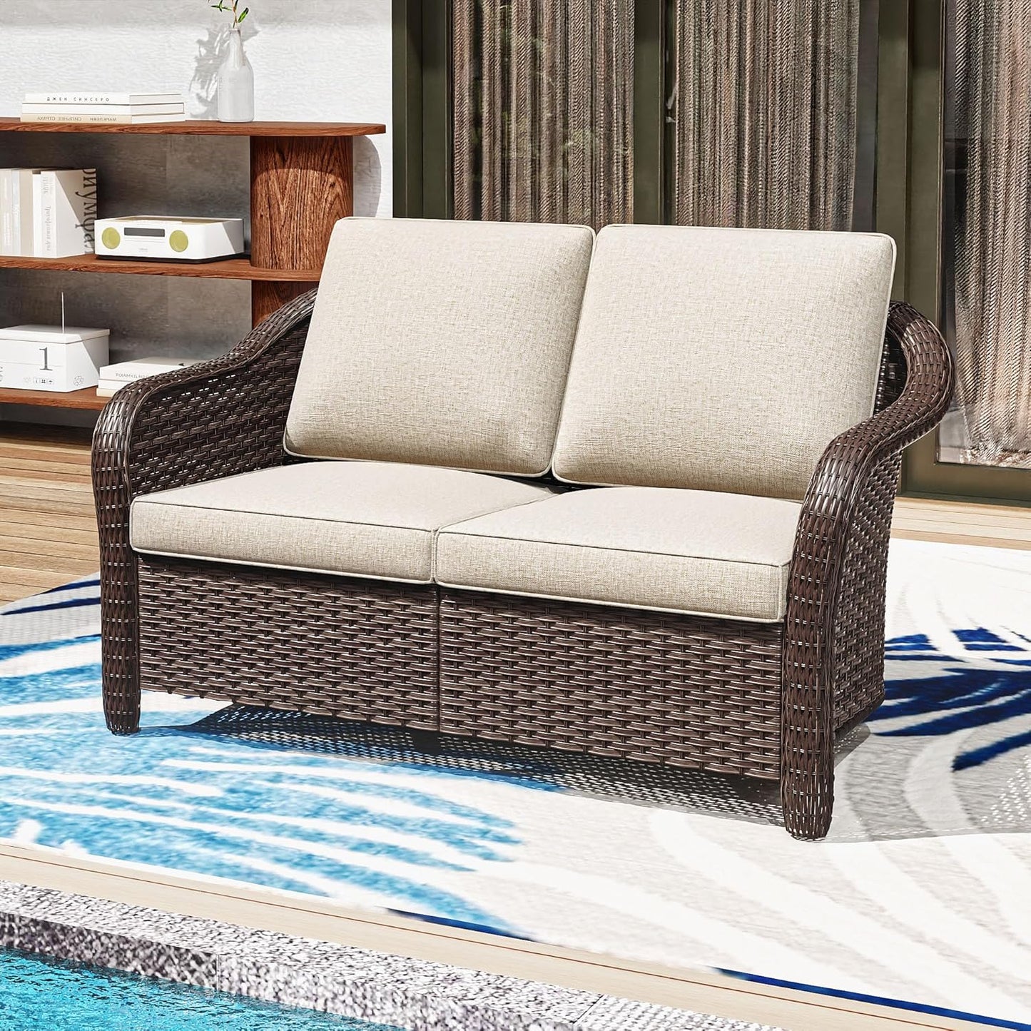 55" Outdoor Loveseat Wicker 2-seat Sofa with Removable Cushions, Conversation Patio Furniture, PE Rattan Couch, Steel Frame Couch with Cushions for Backyard, Deck (Beige)