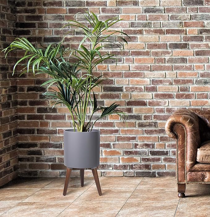 D'vine Dev 10 Inch Planter Pot with Stand, Mid-Century Tall Plant Pot with Legs for Indoor Plants, Medium, Grey, 88-O-B-3