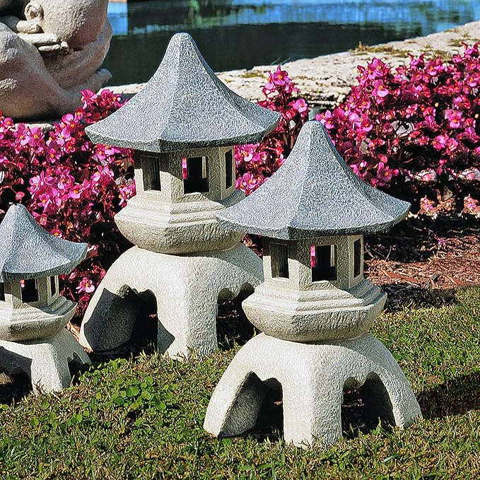 Design Toscano Asian Decor Pagoda Lantern Indoor/Outdoor Statue, Set of 2 Large, Cast Stone Resin, Two Tone Stone Finish