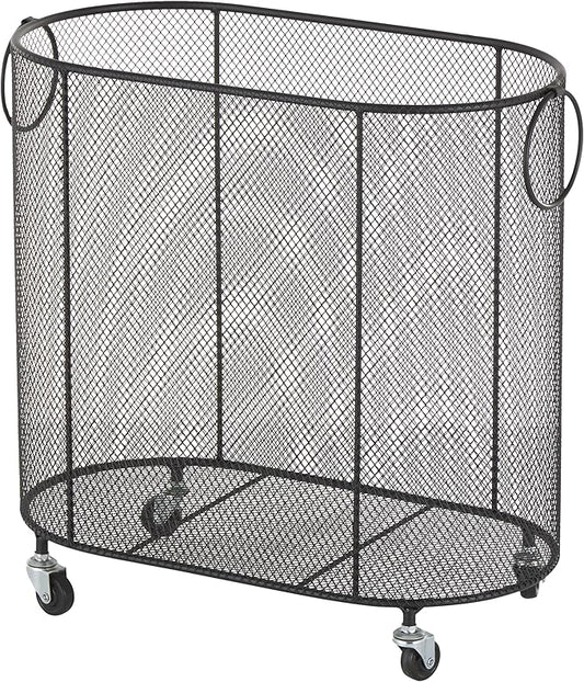 Deco 79 Metal Storage Cart Oval Mesh Wire Rolling Laundry with Ring Handles, 21" x 12" x 21", Black