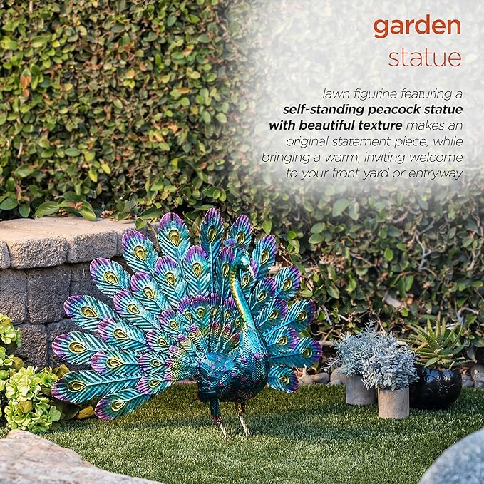 Alpine Corporation - 23" Tall Outdoor Metallic Peacock Tail Spread Yard Statue – Vibrant Garden Sculpture for Patio, Lawn, or Entryway (Multicolor)